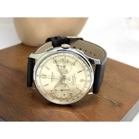 Wakmann Men's Watch Vintage Swiss Manual Wind Chronograph Silver Dial 38mm - Picture 7 of 13